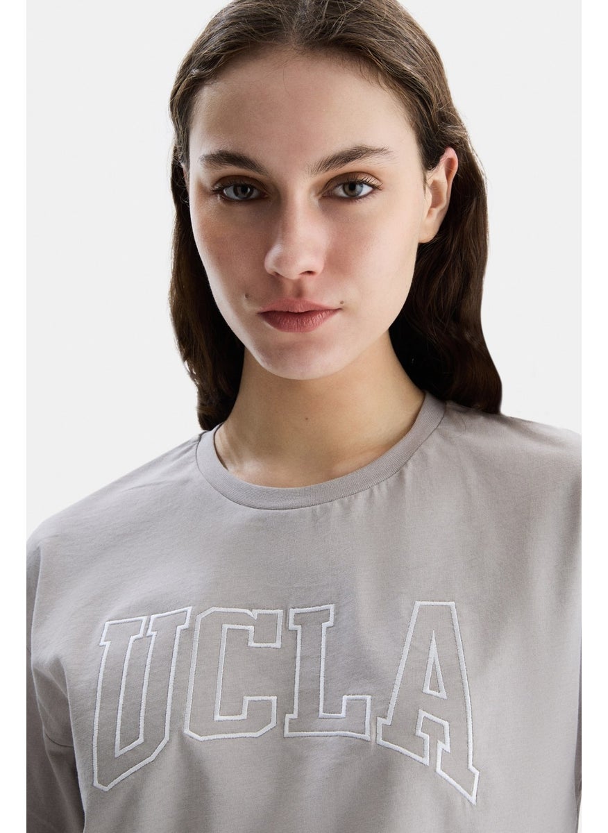 Helena Gray Crew Neck Oversize Crop Embroidered Oversize Women's Tshirt