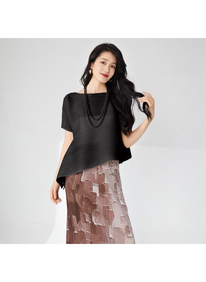 Fashion High-end Women's Pleated T-shirt Short Sleeve Women's Round Neck Solid Color Irregular Loose Plus Size All-match Top