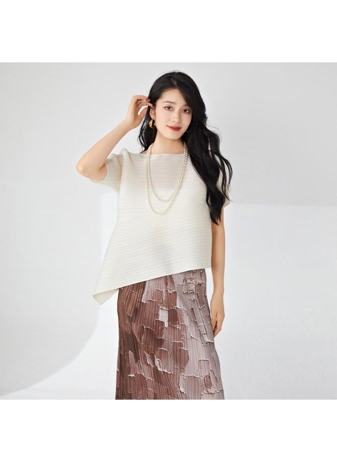 Fashion High-end Women's Pleated T-shirt Short Sleeve Women's Round Neck Solid Color Irregular Loose Plus Size All-match Top