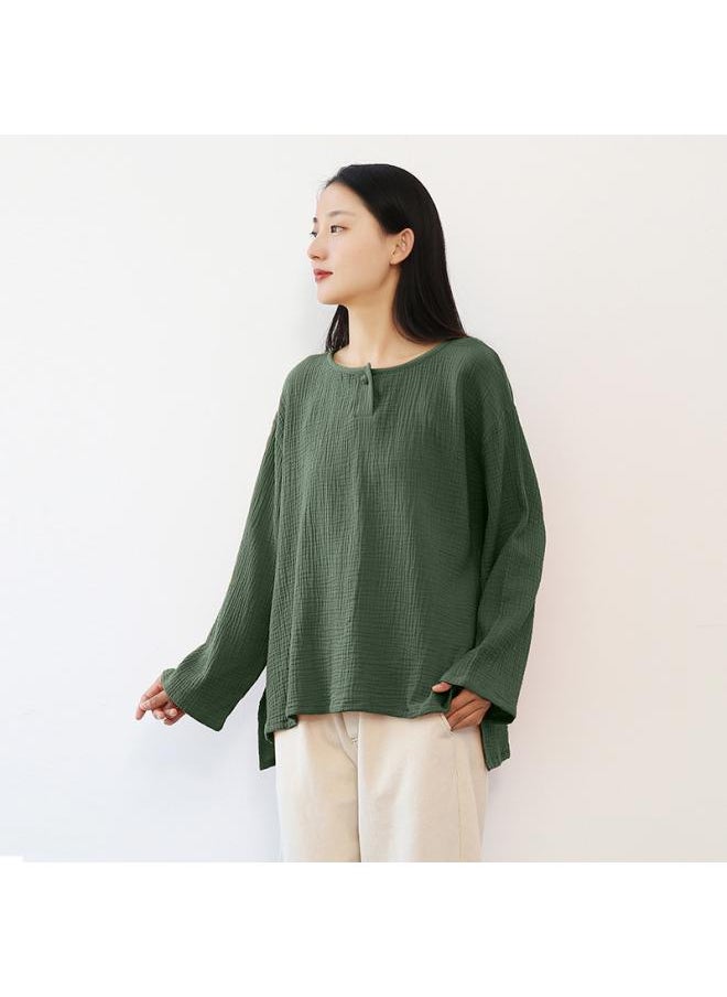 Spring New Artistic Retro Long Sleeve T-shirt Women's Round Neck Loose Buckle Soft Shirt Women's