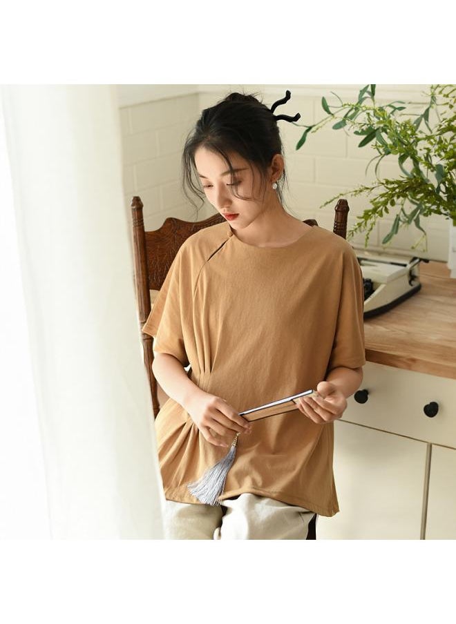 Artistic Women's Summer New Design Sense Short Sleeve T-shirt Women's Solid Color Round Neck Waist Slimming Jacket