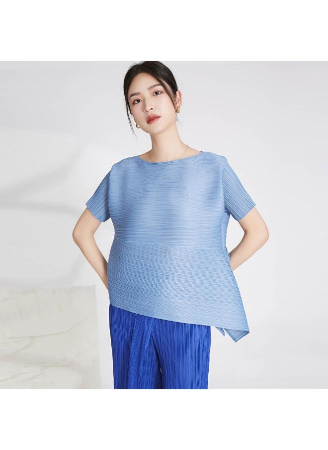 Fashion High-end Women's Pleated T-shirt Short Sleeve Women's Round Neck Solid Color Irregular Loose Plus Size All-match Top
