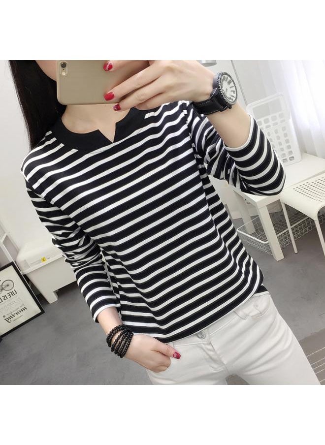 Plus Size Loose Long-sleeved T-shirt Women's Autumn Clothes Pure Cotton Base Shirt Black And White Striped Top