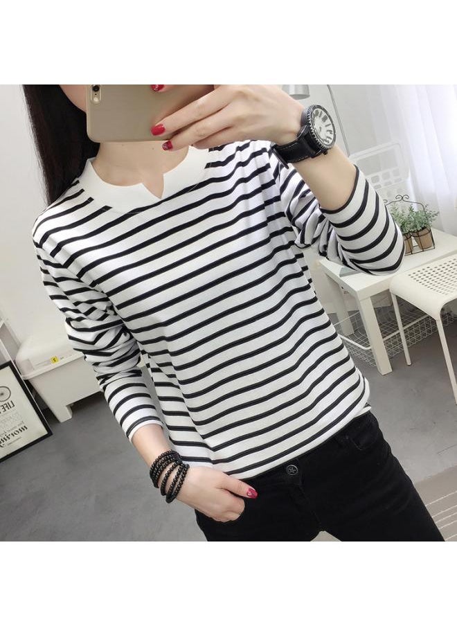 Plus Size Loose Long-sleeved T-shirt Women's Autumn Clothes Pure Cotton Base Shirt Black And White Striped Top