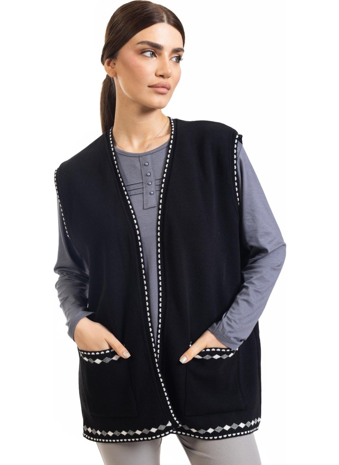 Women Middle Age and Above Knitwear Knit Patterned Buttonless Mother Vest 328