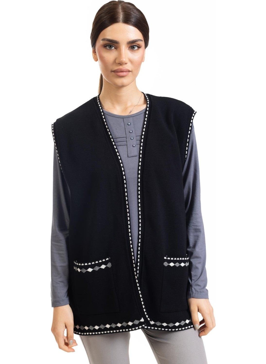 Women Middle Age and Above Knitwear Knit Patterned Buttonless Mother Vest 328