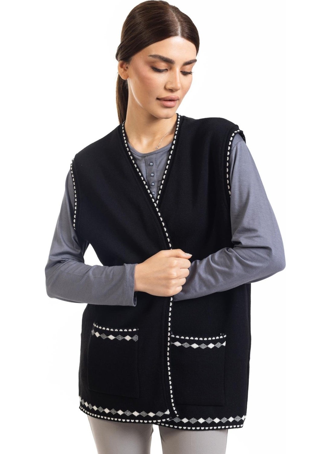 Women Middle Age and Above Knitwear Knit Patterned Buttonless Mother Vest 328