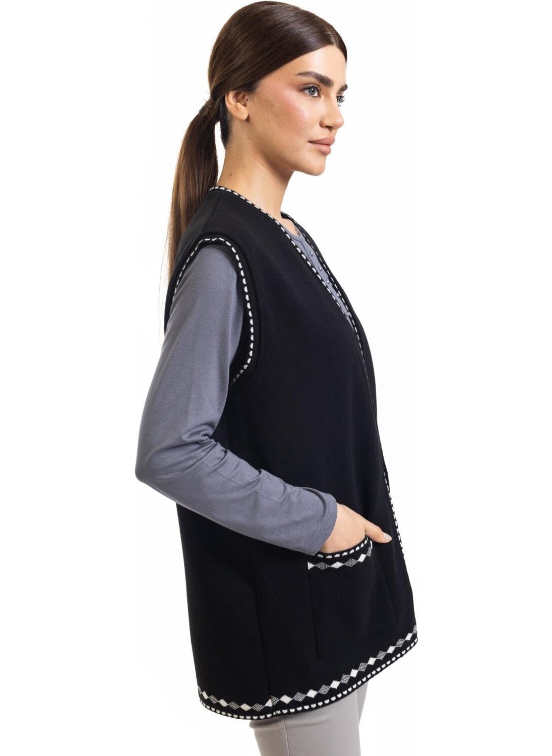 Women Middle Age and Above Knitwear Knit Patterned Buttonless Mother Vest 328