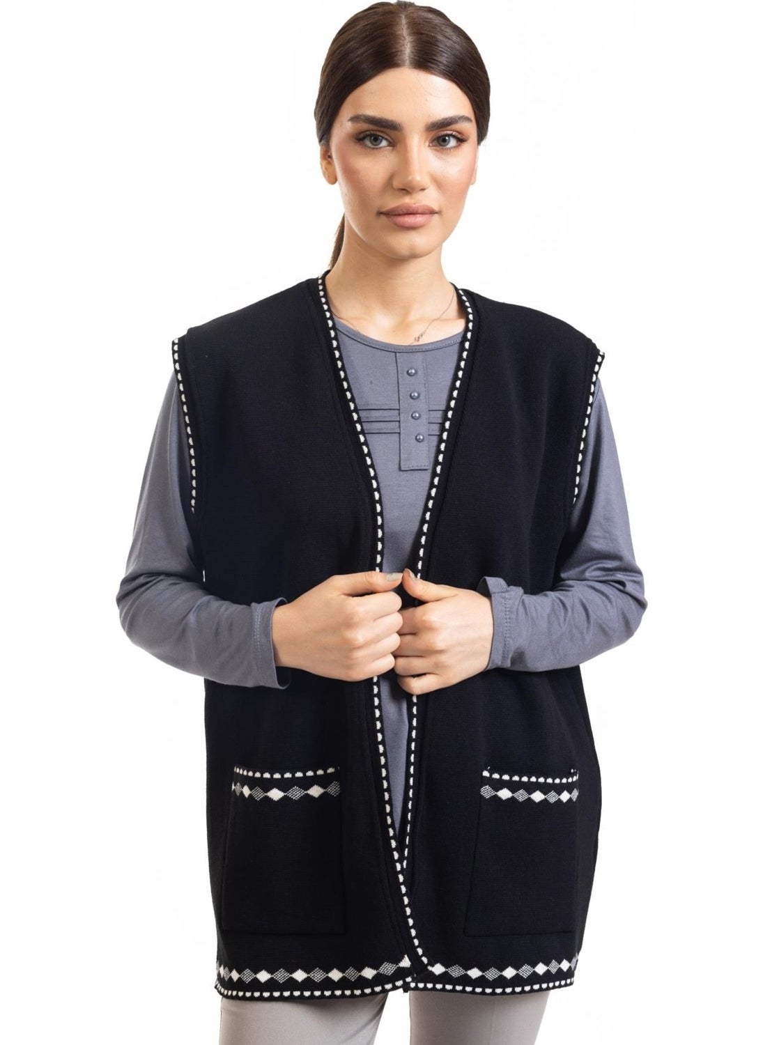 Women Middle Age and Above Knitwear Knit Patterned Buttonless Mother Vest 328