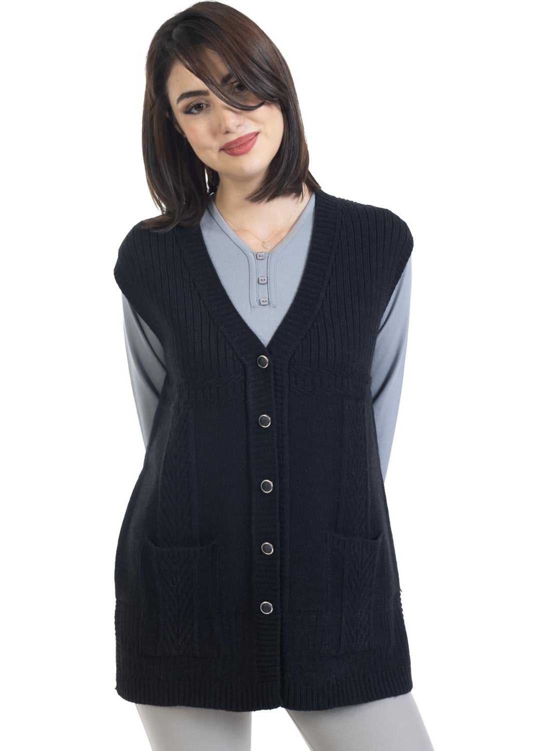 Women's Pocket Buttoned Self-Patterned Mother's Knitwear Knit Classic Hattus Vest 1018