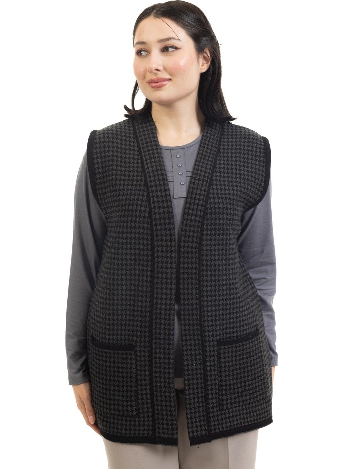 Women Middle Age and Above Knitwear Knitted Houndstooth Pattern Buttonless Mother Vest 330