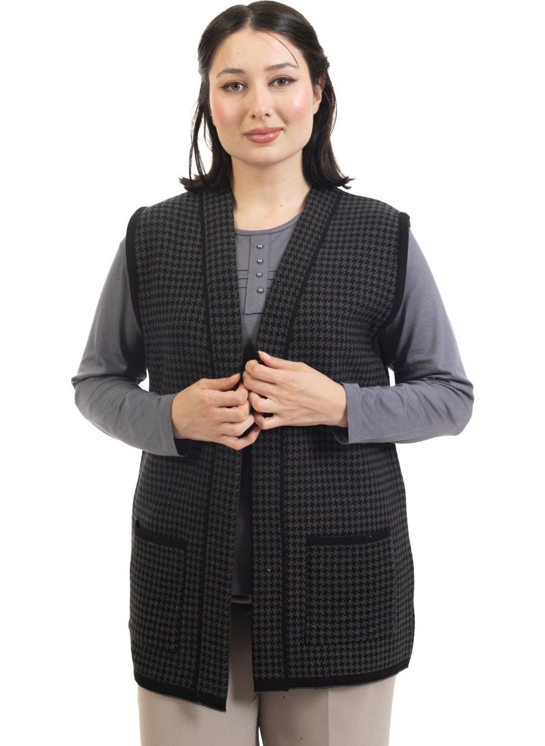 Women Middle Age and Above Knitwear Knitted Houndstooth Pattern Buttonless Mother Vest 330