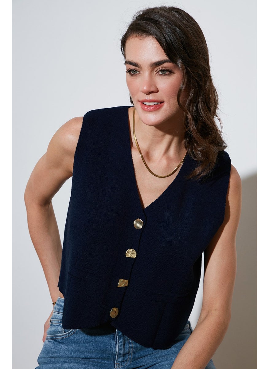 Standard Fit V Neck Buttoned Knitwear Vest Women's VEST 4616177