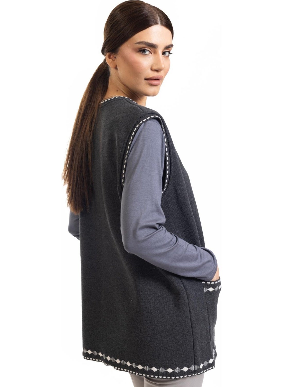 Women Middle Age and Above Knitwear Knit Patterned Buttonless Mother Vest 328
