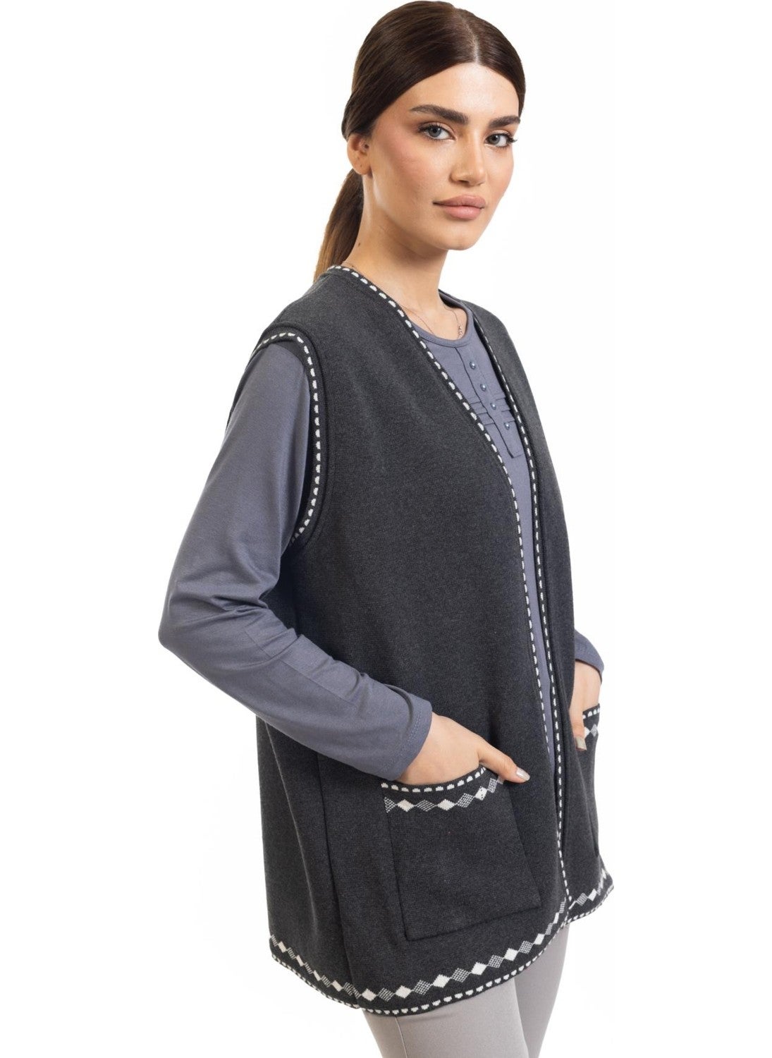Women Middle Age and Above Knitwear Knit Patterned Buttonless Mother Vest 328