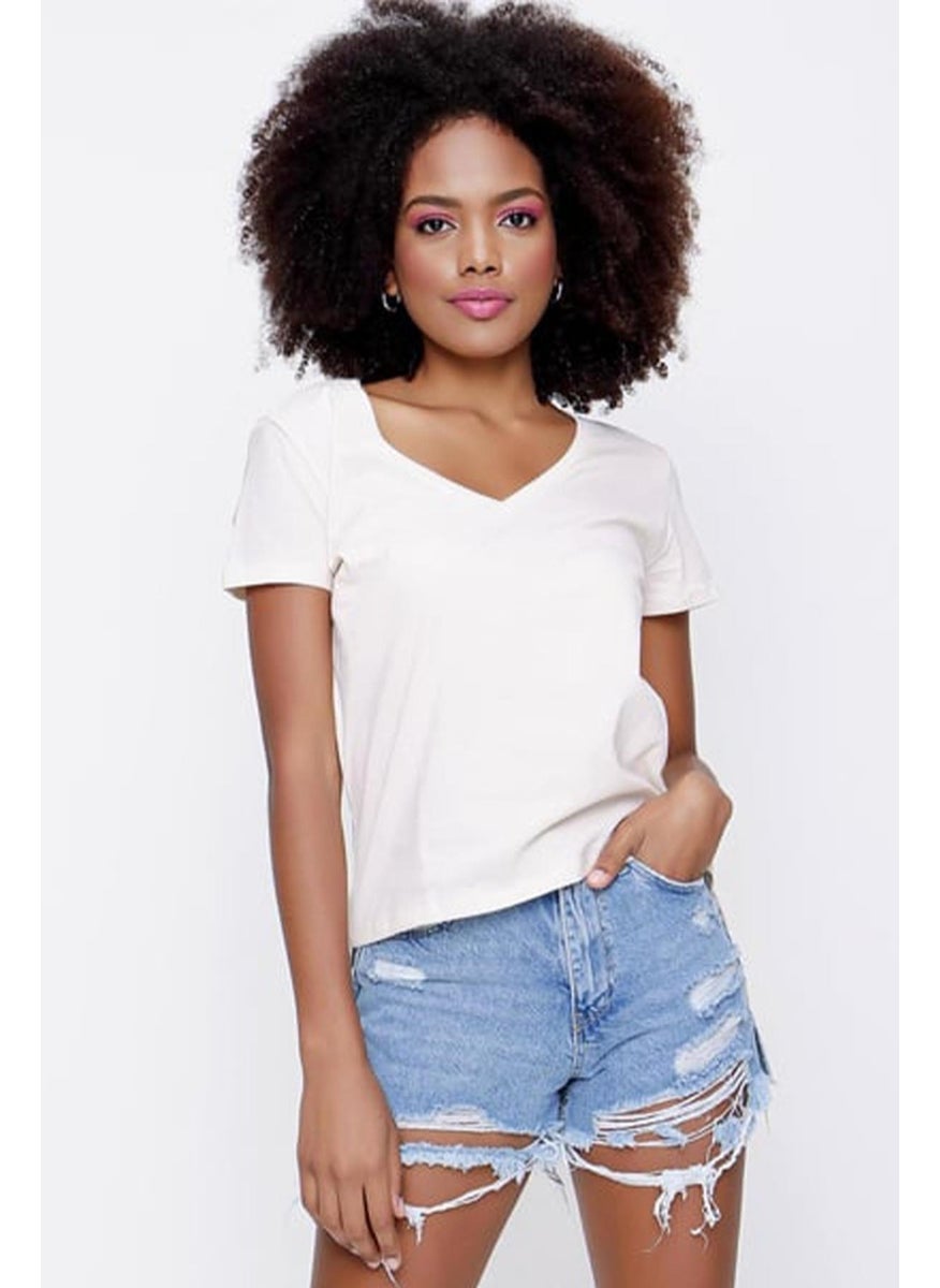 Women's Beige Front Short Back Long V Neck Jersey T-Shirt
