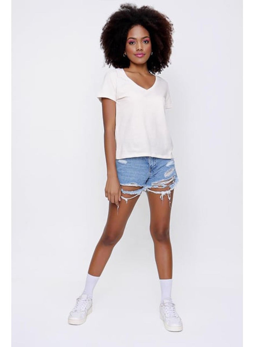 Women's Beige Front Short Back Long V Neck Jersey T-Shirt