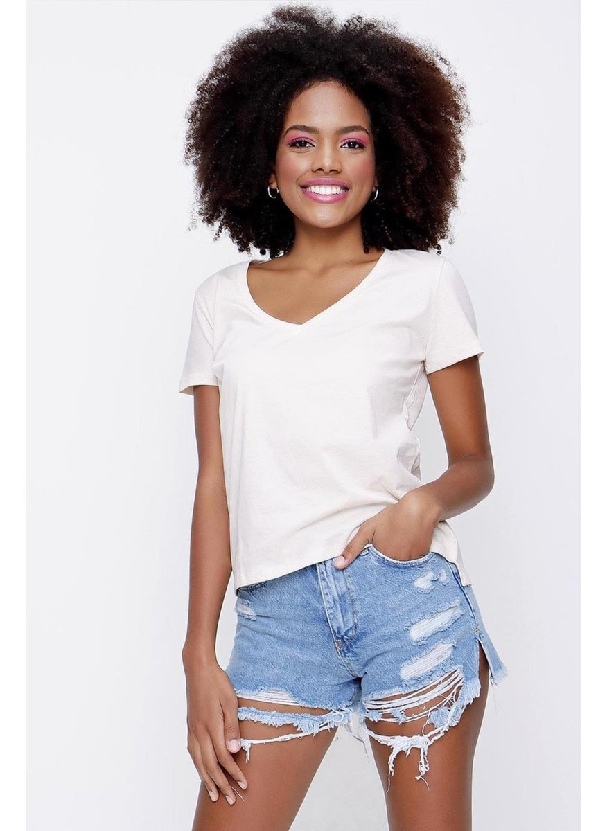 Women's Beige Front Short Back Long V Neck Jersey T-Shirt