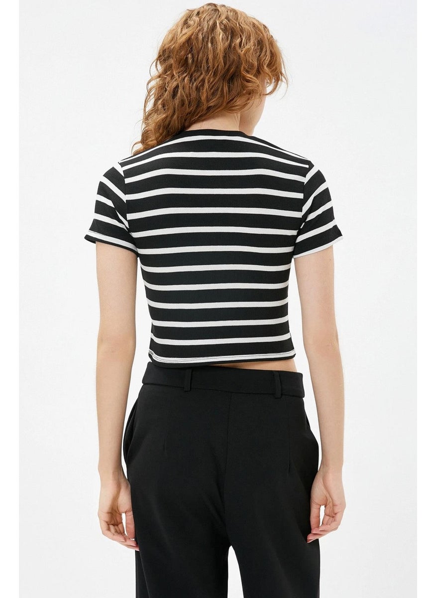 Women's Black-White Crew Neck Striped Short Sleeve Full Lycra Ribbed T-Shirt