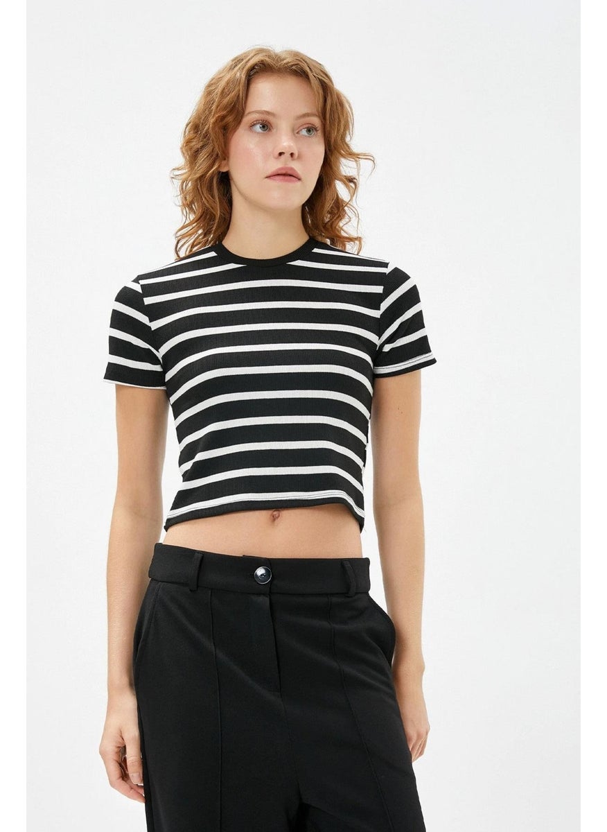 Women's Black-White Crew Neck Striped Short Sleeve Full Lycra Ribbed T-Shirt