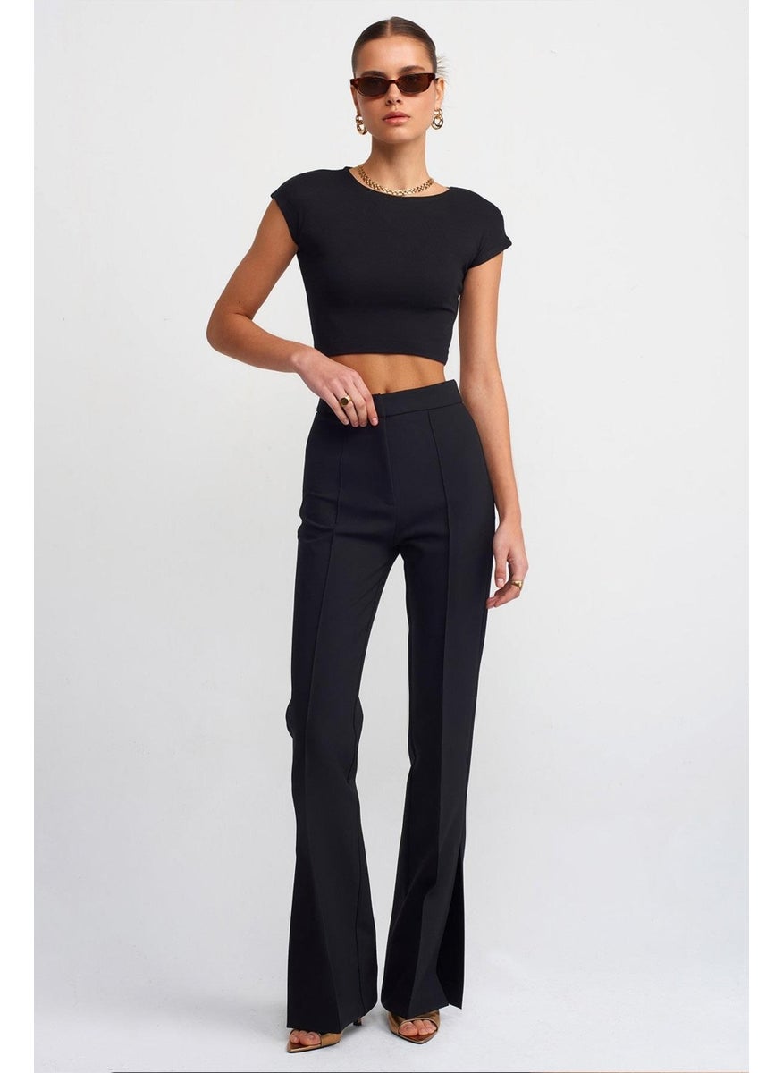 Women's Black Crew Neck Low Sleeve Full Lycra Rib Crop T-Shirt