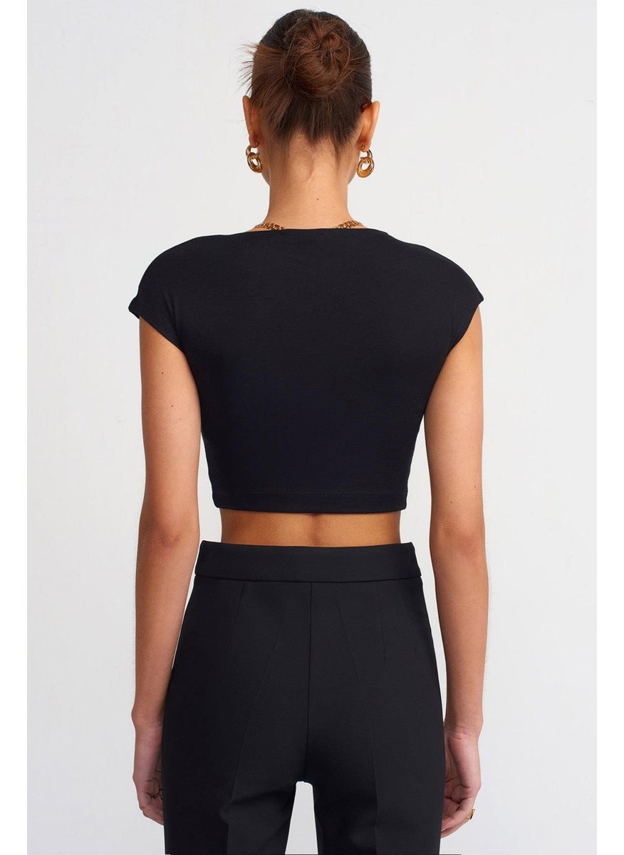 Women's Black Crew Neck Low Sleeve Full Lycra Rib Crop T-Shirt