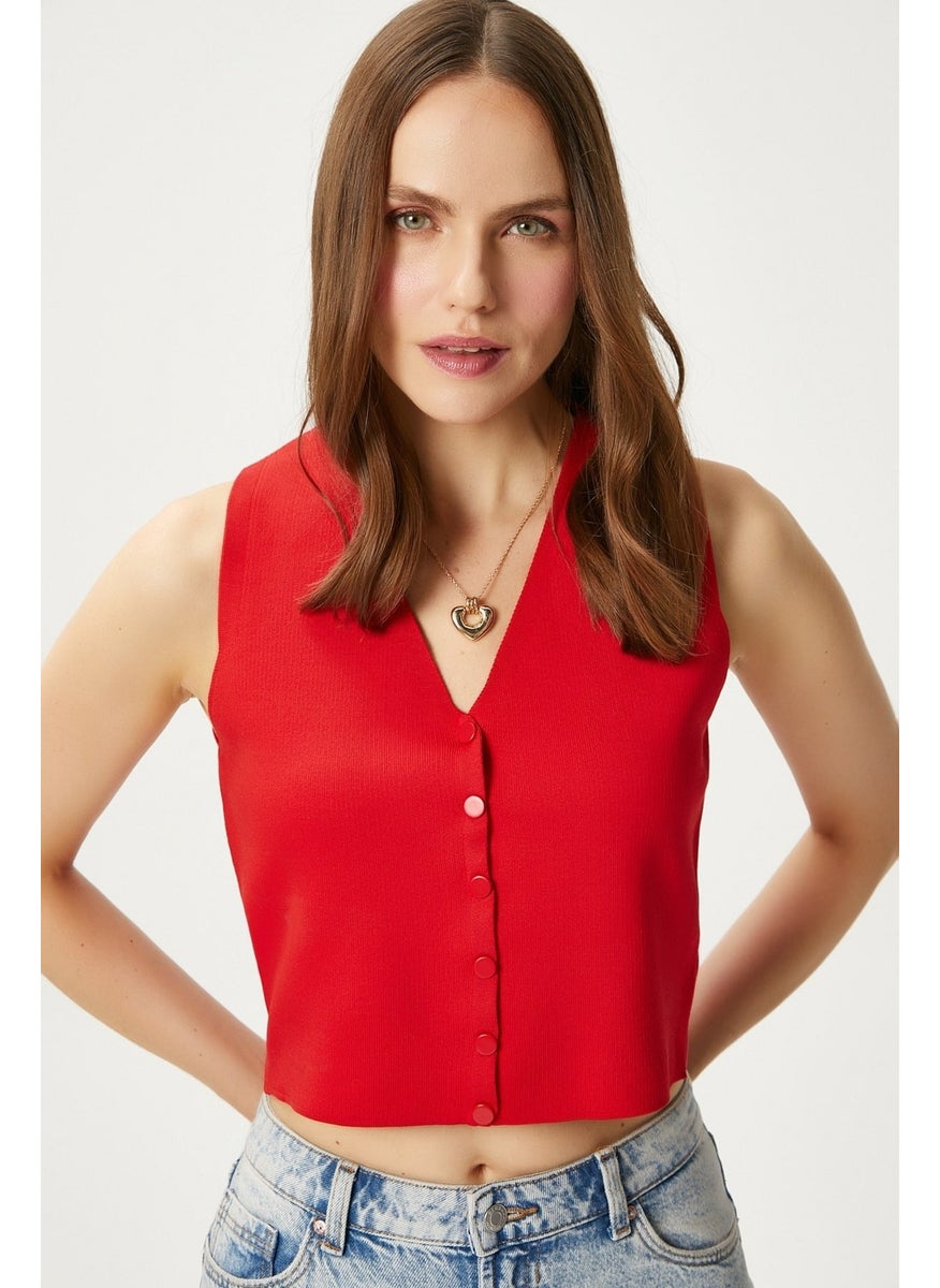 Women's Petite Snap Crop Red Knit Vest