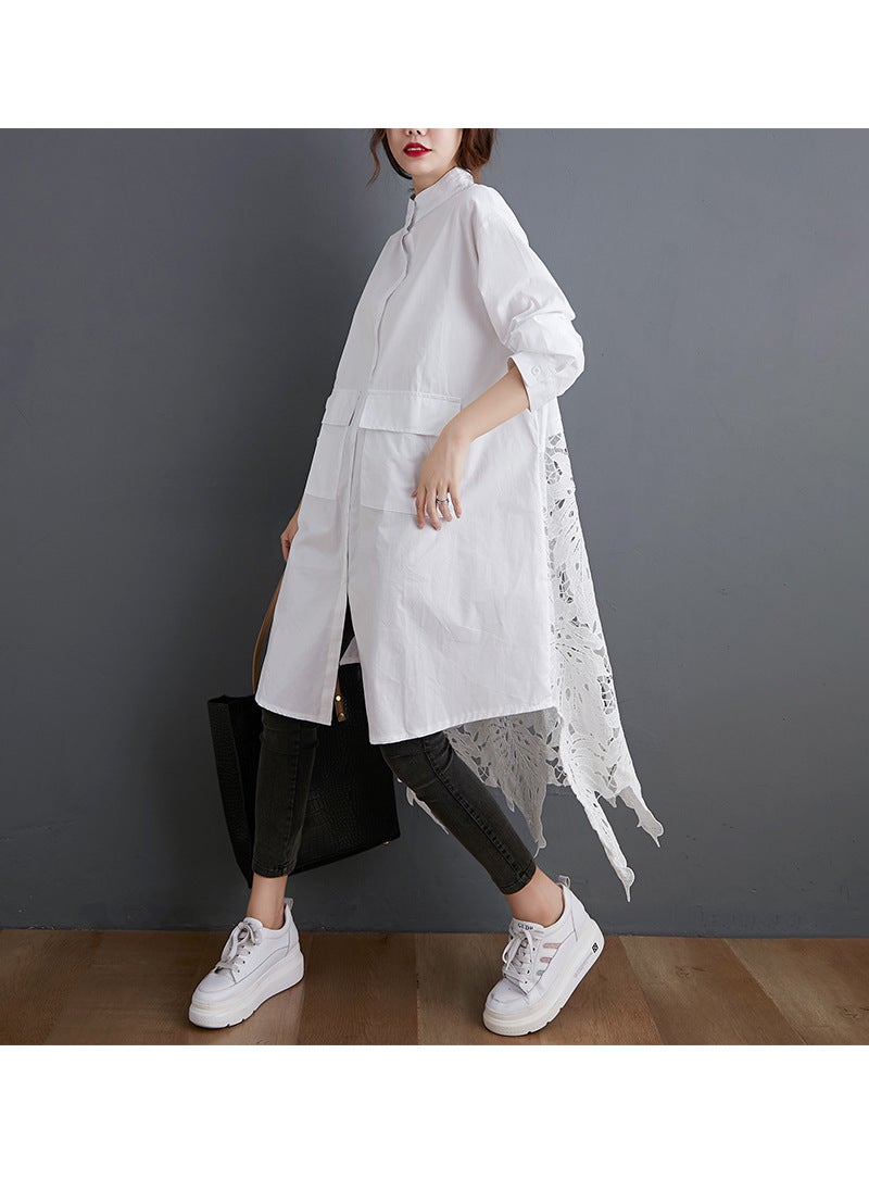 2020 Autumn Collection Plus Size Womens Shirt Fashionable Design Sensibility Medium-Length Lapel-Collar Snowflake Shirt For Wom White