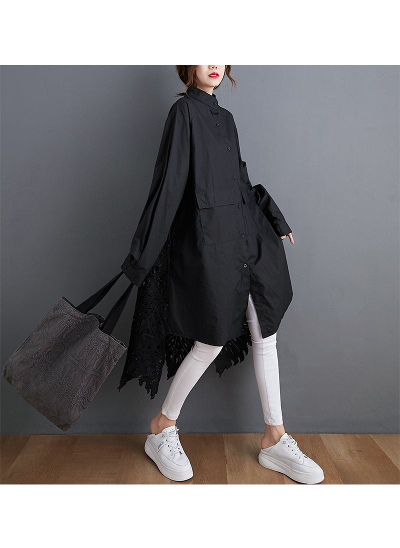 2020 Autumn Collection Plus Size Womens Shirt Fashionable Design Sensibility Medium-Length Lapel-Collar Snowflake Shirt For Wom Black