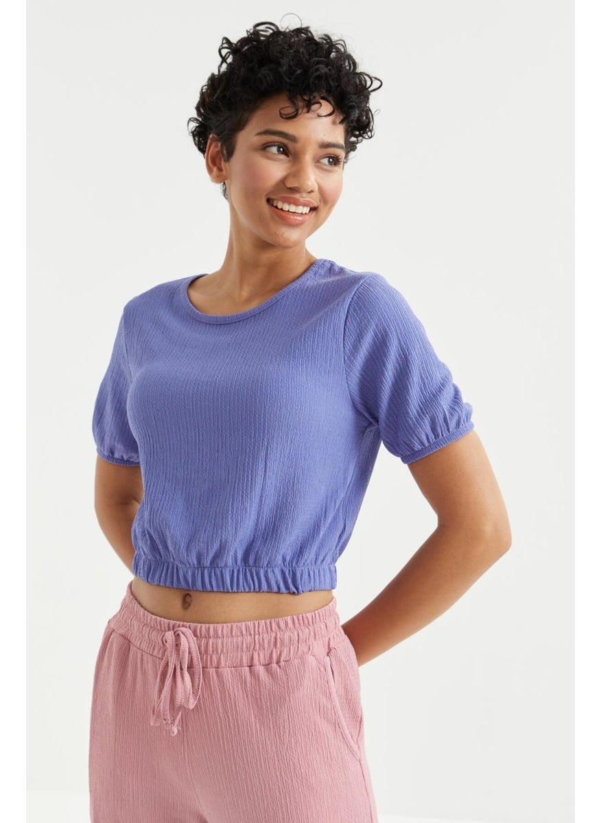 Purple Balloon Sleeve O Neck Elastic Waist Crepe Fabric Women's Crop Top T-Shirt - 97221