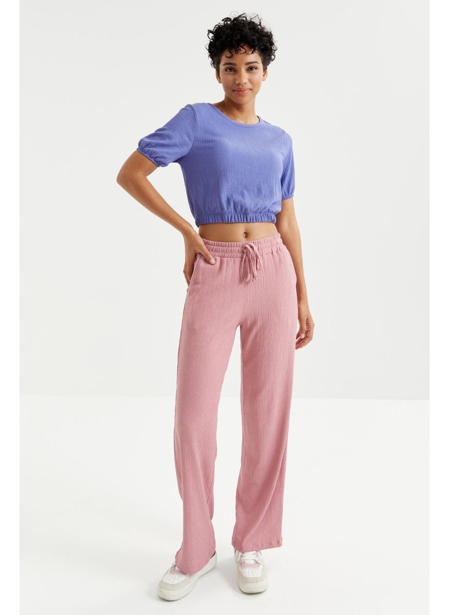 Purple Balloon Sleeve O Neck Elastic Waist Crepe Fabric Women's Crop Top T-Shirt - 97221