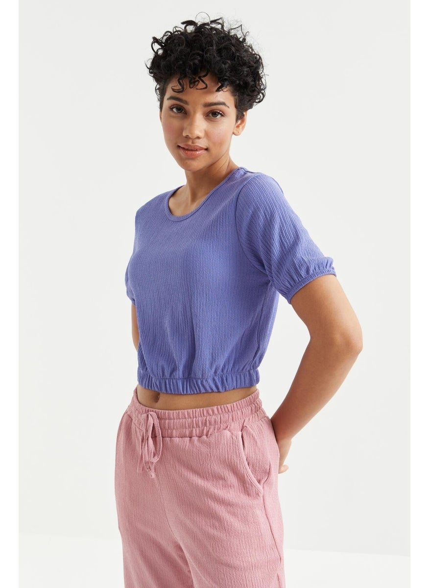 Purple Balloon Sleeve O Neck Elastic Waist Crepe Fabric Women's Crop Top T-Shirt - 97221