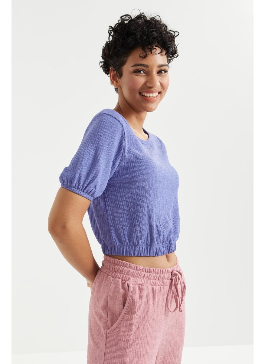 Purple Balloon Sleeve O Neck Elastic Waist Crepe Fabric Women's Crop Top T-Shirt - 97221