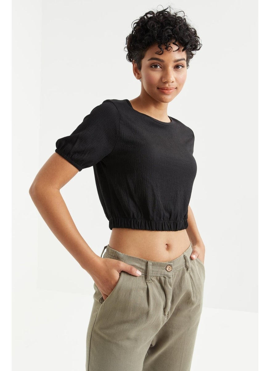 Black Balloon Sleeve O Neck Elastic Waist Crepe Fabric Women's Crop Top T-Shirt - 97221