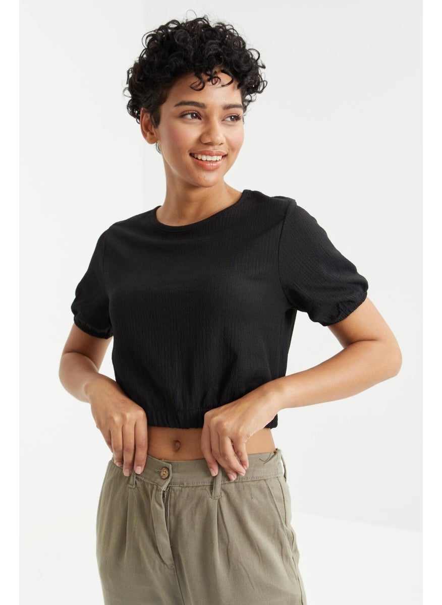 Black Balloon Sleeve O Neck Elastic Waist Crepe Fabric Women's Crop Top T-Shirt - 97221