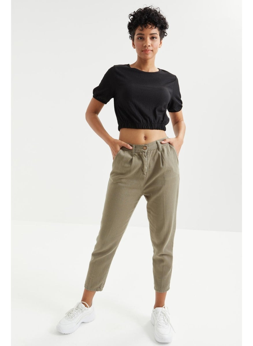 Black Balloon Sleeve O Neck Elastic Waist Crepe Fabric Women's Crop Top T-Shirt - 97221