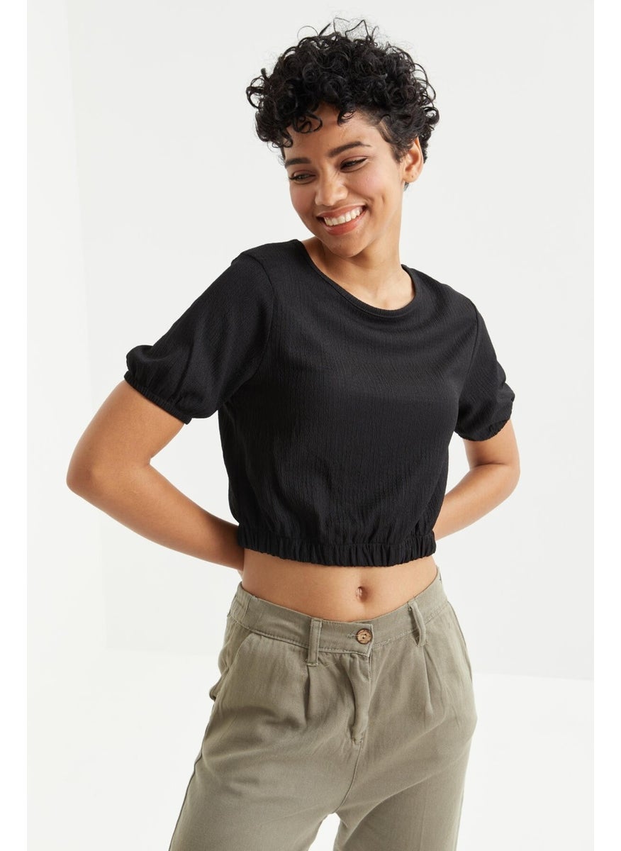 Black Balloon Sleeve O Neck Elastic Waist Crepe Fabric Women's Crop Top T-Shirt - 97221