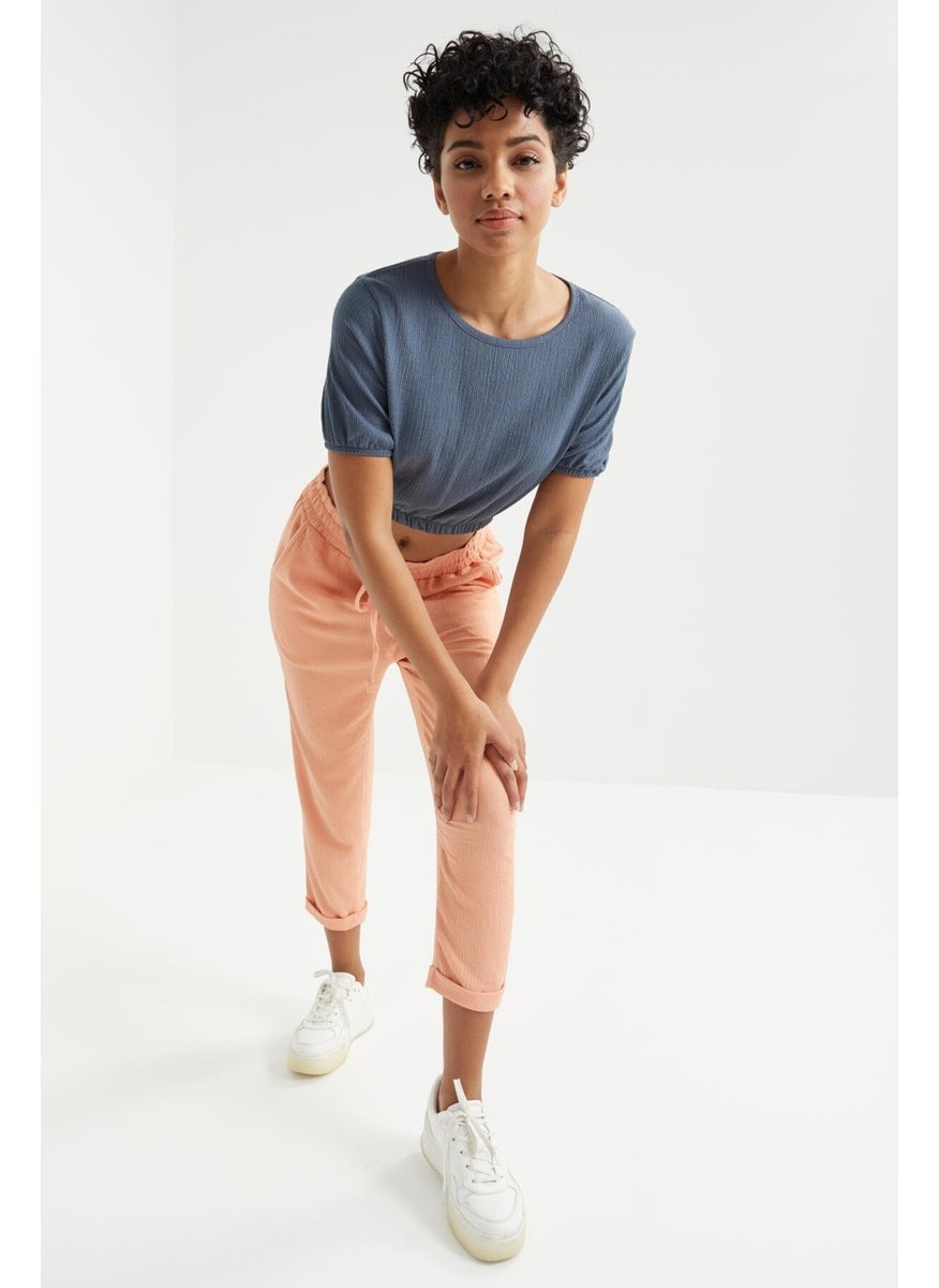 Petrol Balloon Sleeve O Neck Elastic Waist Crepe Fabric Women's Crop Top T-Shirt - 97221