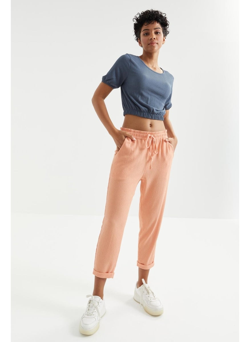 Petrol Balloon Sleeve O Neck Elastic Waist Crepe Fabric Women's Crop Top T-Shirt - 97221