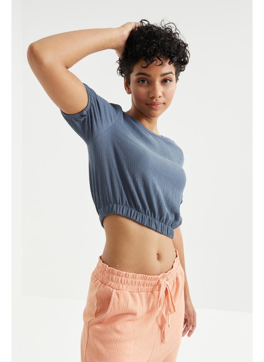 Petrol Balloon Sleeve O Neck Elastic Waist Crepe Fabric Women's Crop Top T-Shirt - 97221