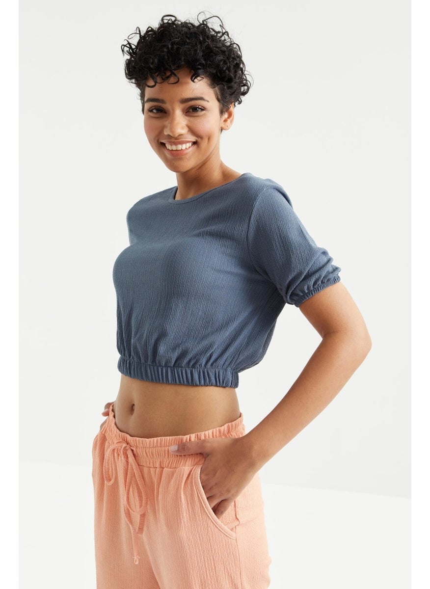 Petrol Balloon Sleeve O Neck Elastic Waist Crepe Fabric Women's Crop Top T-Shirt - 97221