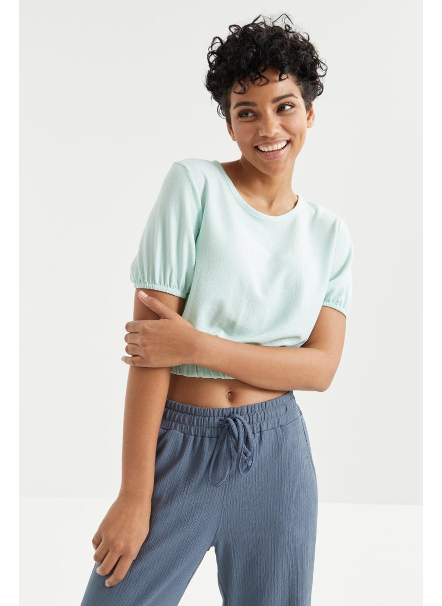 Aqua Green Balloon Sleeve O Neck Elastic Waist Crepe Fabric Women's Crop Top T-Shirt - 97221