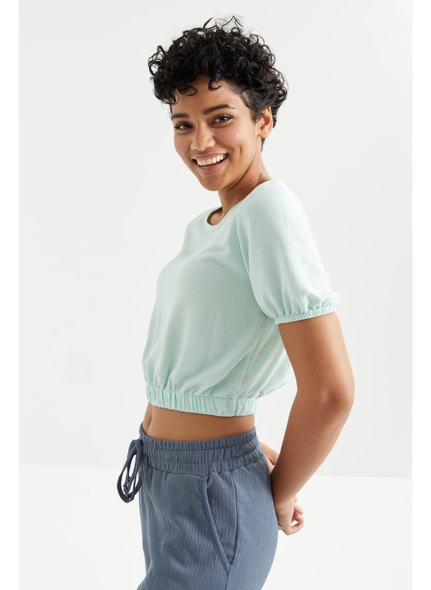 Aqua Green Balloon Sleeve O Neck Elastic Waist Crepe Fabric Women's Crop Top T-Shirt - 97221