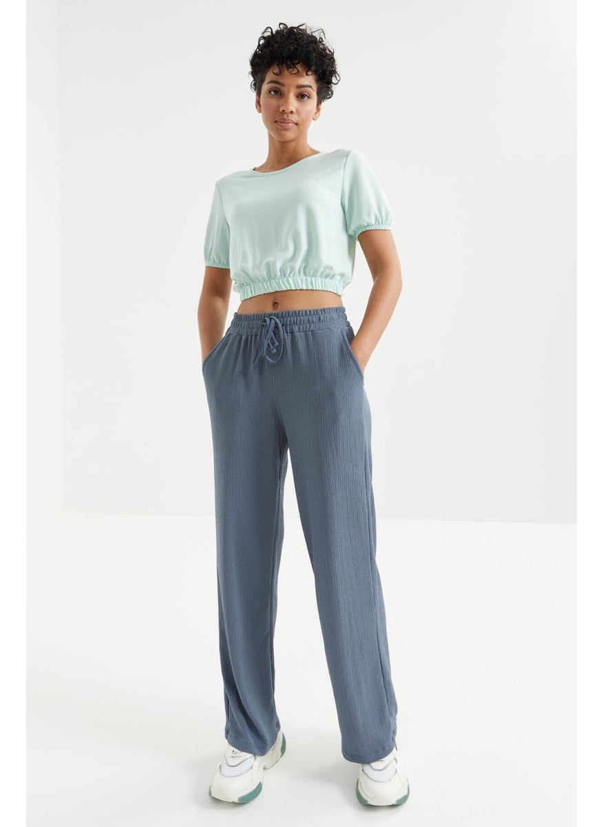 Aqua Green Balloon Sleeve O Neck Elastic Waist Crepe Fabric Women's Crop Top T-Shirt - 97221