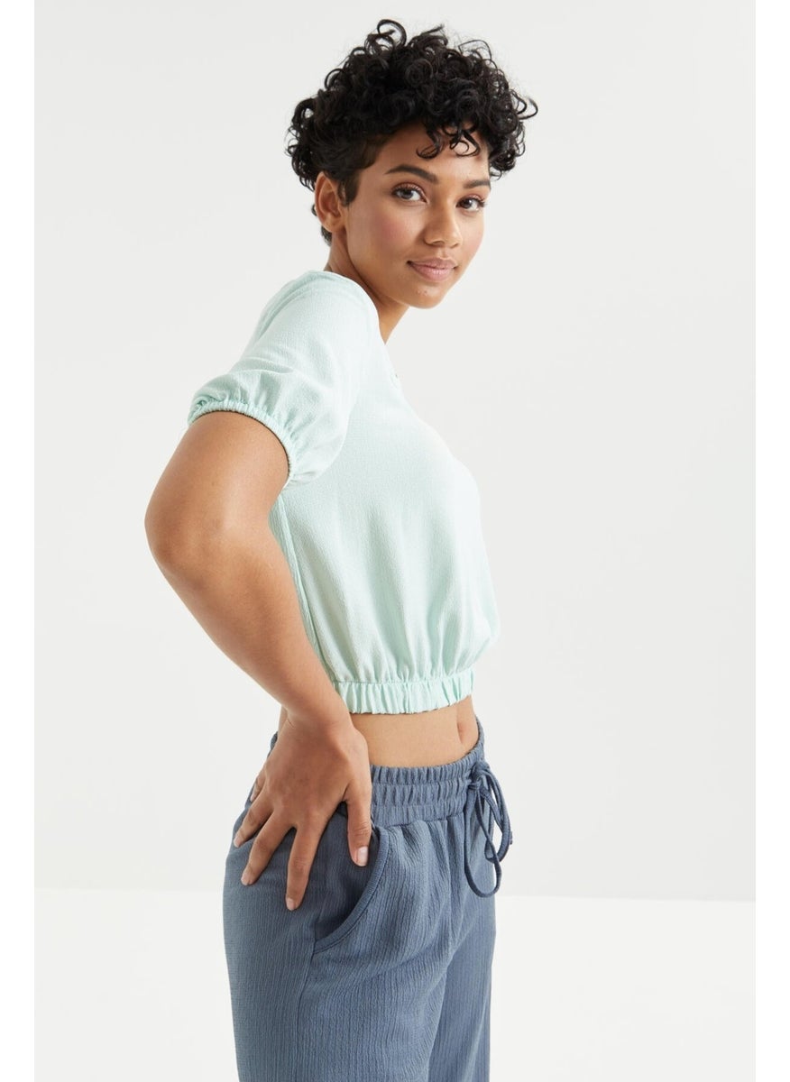 Aqua Green Balloon Sleeve O Neck Elastic Waist Crepe Fabric Women's Crop Top T-Shirt - 97221
