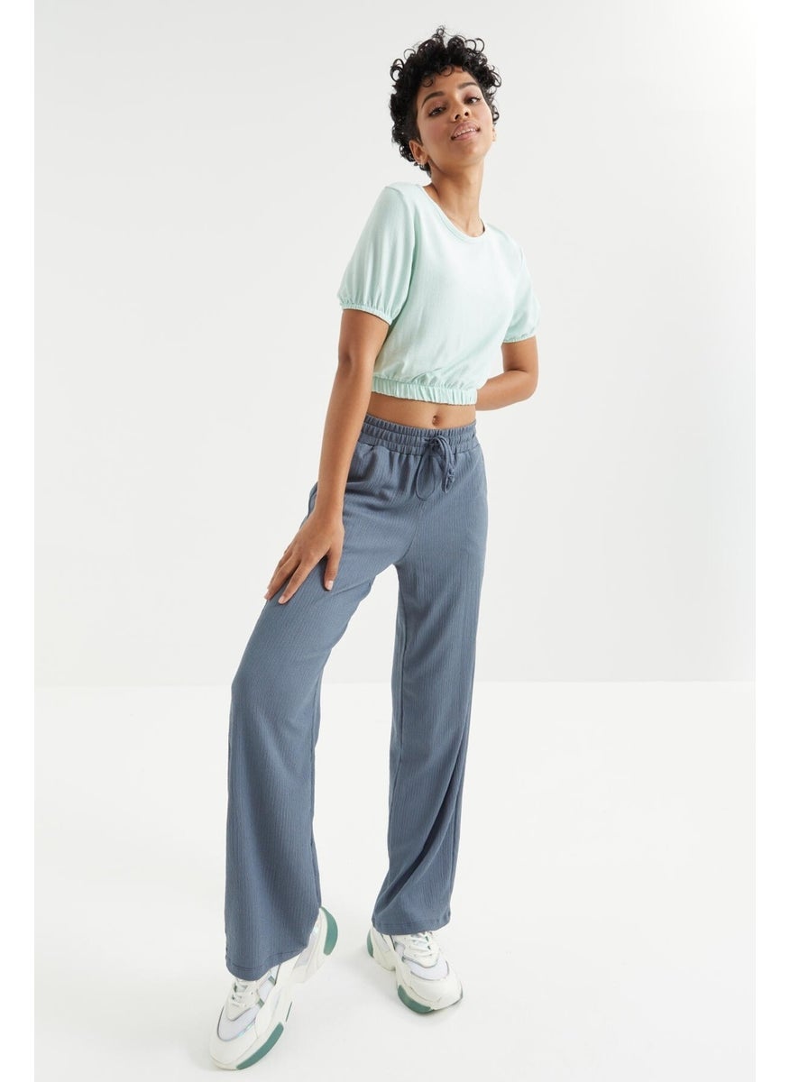 Aqua Green Balloon Sleeve O Neck Elastic Waist Crepe Fabric Women's Crop Top T-Shirt - 97221