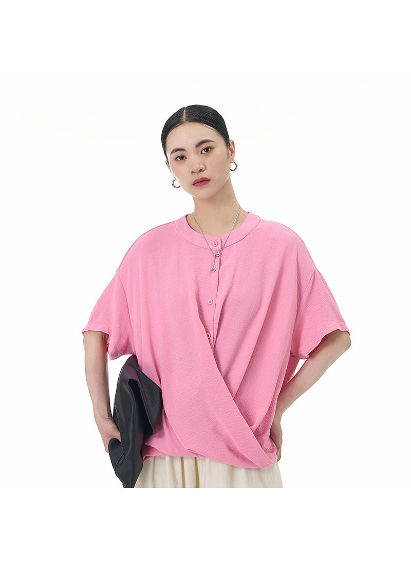 Plus Size 2024 Summer New Plus Size Womens Loose Fit Slimming T-Shirt With Button Down Short Sleeves Original Design Sensibi... Pink