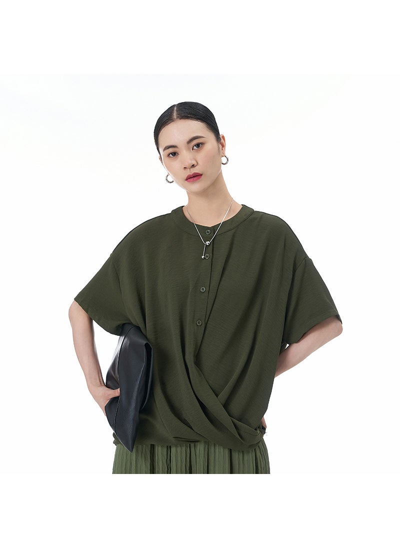 Plus Size 2024 Summer New Plus Size Womens Loose Fit Slimming T-Shirt With Button Down Short Sleeves Original Design Sensibi... Army Green