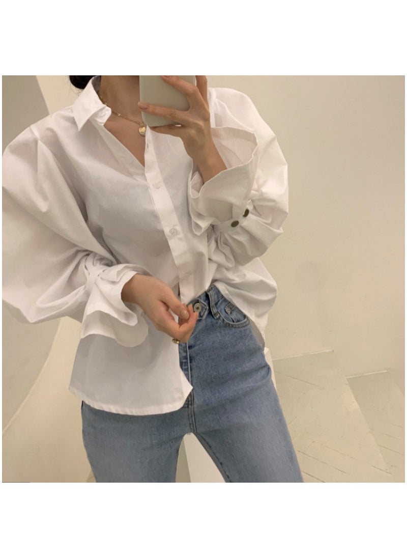 2J11D Sleeve-Opening Tie-Up Puff Shirt Large Size Snowflake Shirt From China Mainland With Sleeve-Length Variation White