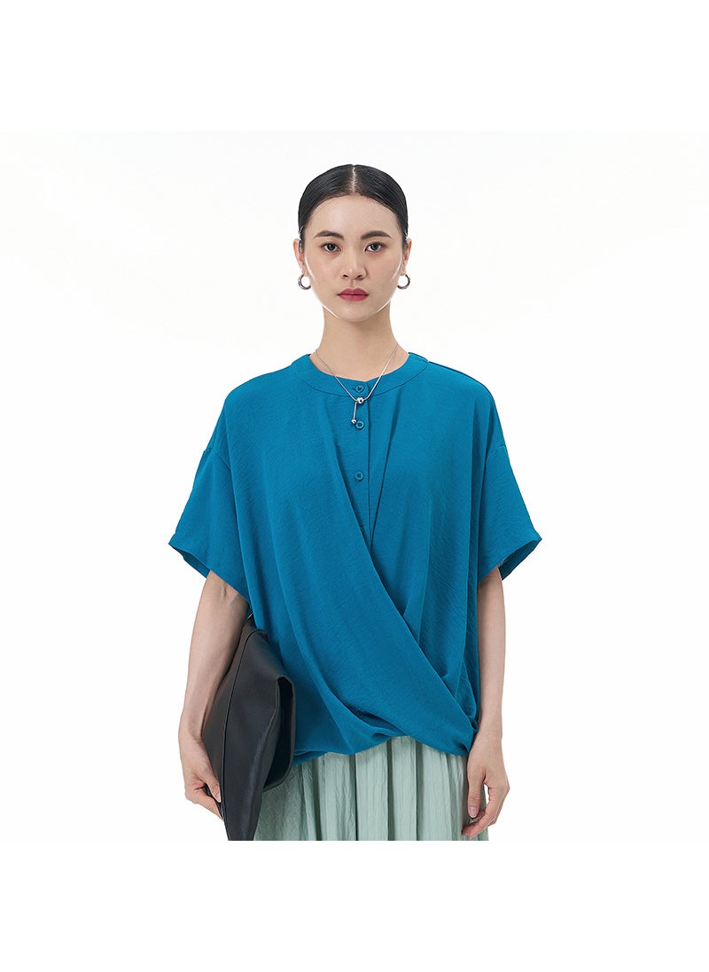 Plus Size 2024 Summer New Plus Size Womens Loose Fit Slimming T-Shirt With Button Down Short Sleeves Original Design Sensibi... Blue